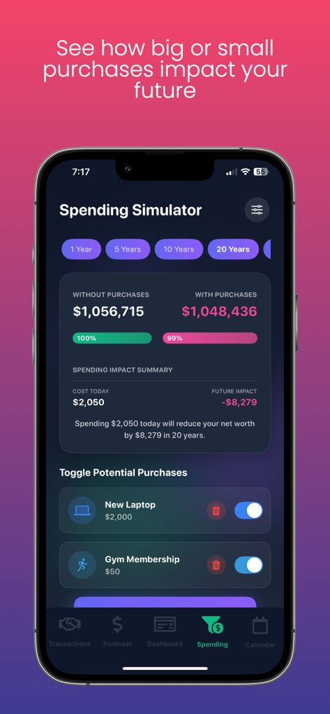 LongMoney - LongMoney app spending simulator comparing current purchases to future net worth impact over twenty years