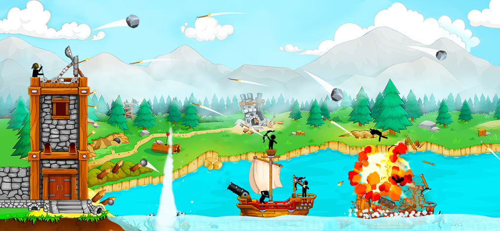The Catapult: stick man game - Stickman using a catapult to defend a castle from pirate ships.