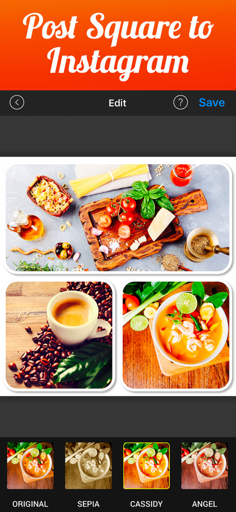 Interfaccia di un'app mobile che mostra un collage fotografico a tema cibo formattato per un post quadrato di Instagram con opzioni di filtro.