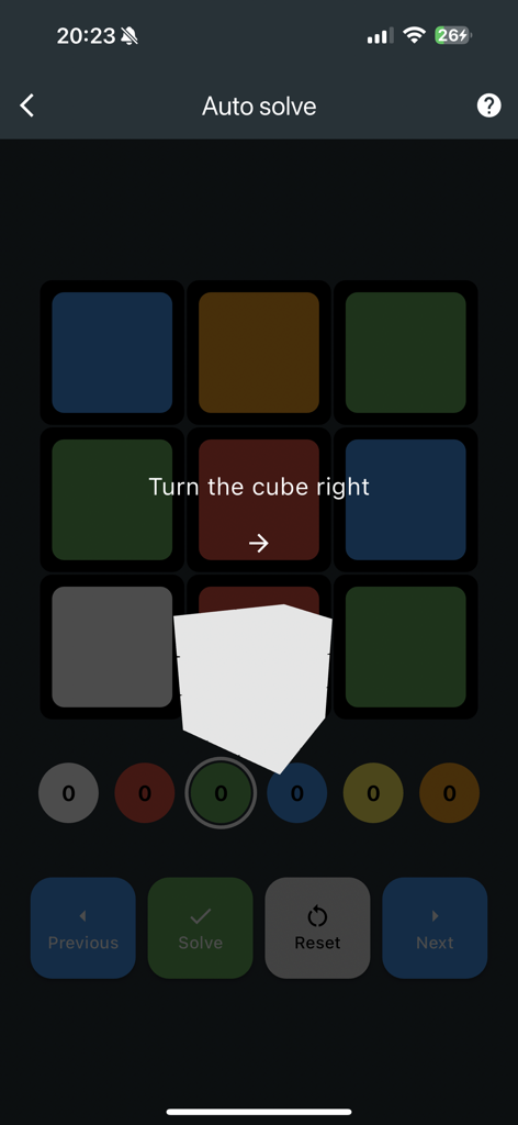 Rubiks Cube Solver app auto solve screen with color grid and turn instructions