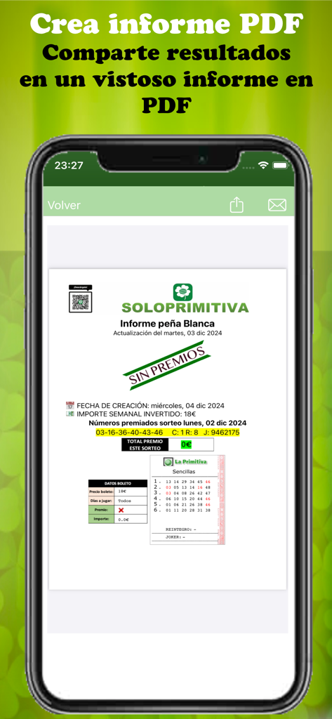 Mobile screenshot of SoloPrimitiva app showing a PDF report for lottery results and sharing features