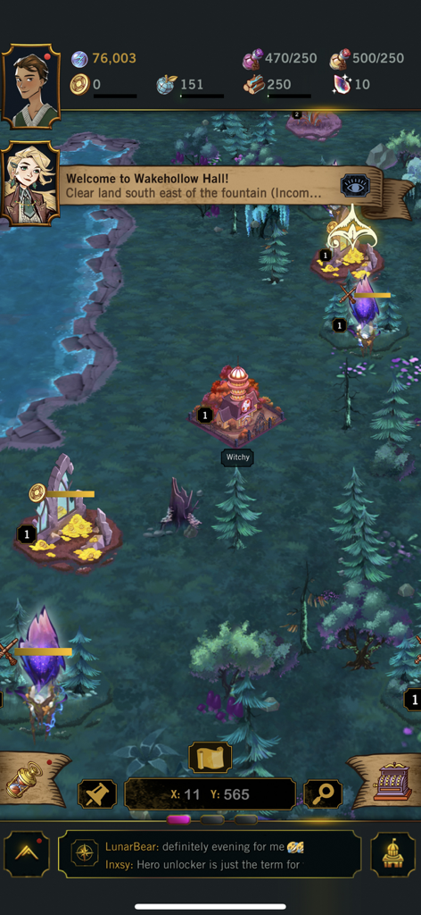 Gameplay screenshot of Witch Arcana showing the strategic world map with magical buildings and resource management UI.