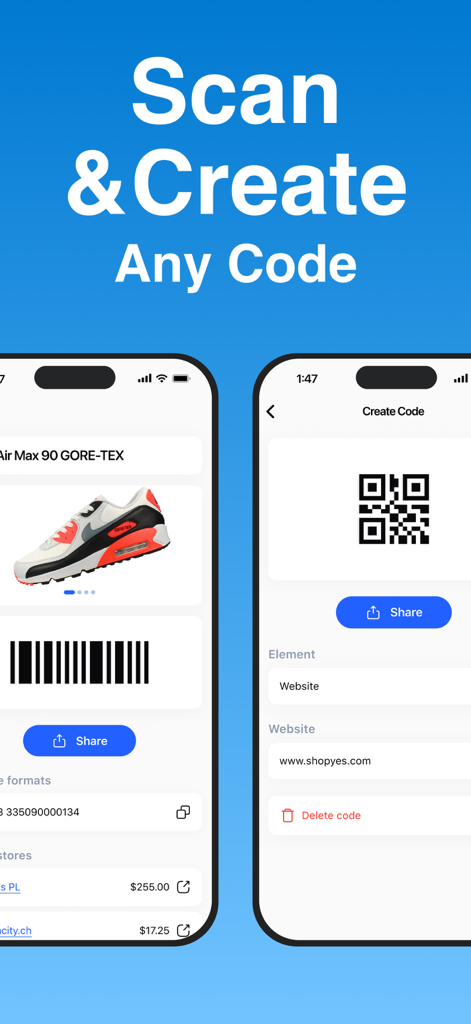 QR Code Reader ・Generator - Interfaz de aplicación móvil que muestra el escaneo de códigos de barras de productos para comparación de precios y una herramienta para generar códigos QR de sitios web.