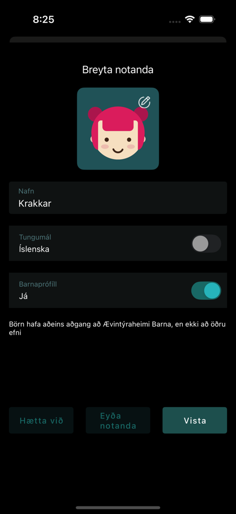 SÝN Sjónvarp - Edit user profile screen in the SYN Sjonvarp app showing a kids account setup with an avatar.
