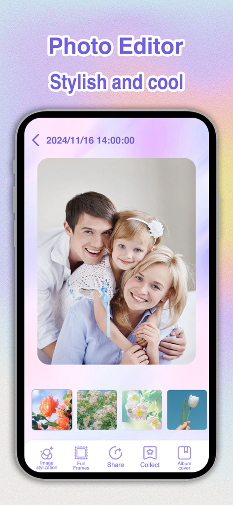 Photo Maker：Frame,Filter,Lock - Photo Maker app interface showing a family photo and creative image filters.