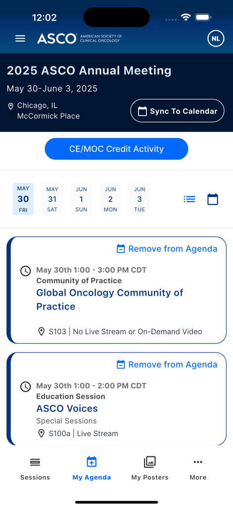 Aplicativo móvel ASCO Meetings mostrando a visualização da agenda pessoal com sessões de oncologia agendadas para a Reunião Anual de 2025.