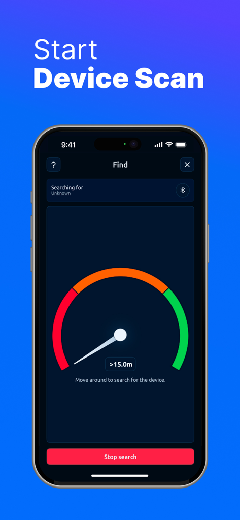 Spy360: Device Finder - Spy360 app interface showing a device scan with a signal strength gauge and distance indicator