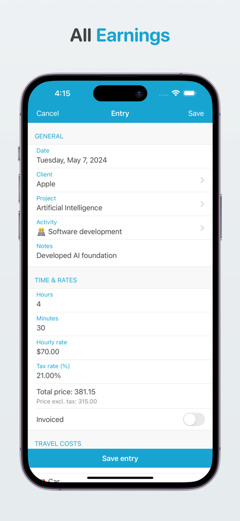 Freelance bookkeeping - Captura de pantalla de la aplicación Contabilidad freelance que muestra una entrada de horas facturables con detalles del cliente y tarifas por hora.