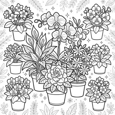 Immerse yourself in the beauty of an indoor garden with this delightful flowering houseplants coloring page. Discover a diverse collection of potted blooms, ready for your artistic touch.
