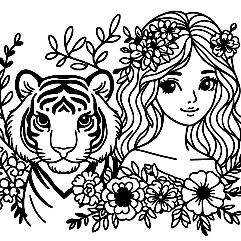 woman and tiger with flowers