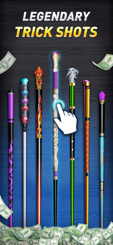 Pool Cash - 8 Ball Game - Selection of ornate pool cues for legendary trick shots in a cash prize billiards game