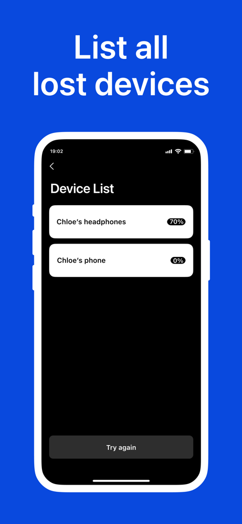 Screenshot of tracker detect app showing a list of lost Bluetooth devices like headphones and phones with signal percentages