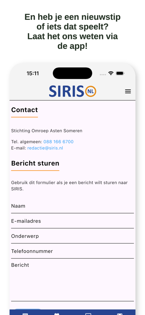 SIRIS - Contact screen of the SIRIS app with a form to submit news tips