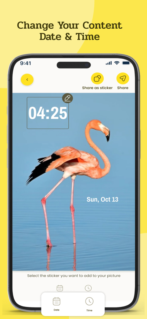 Smartphone screen showing the SendSnap app interface for changing the date and time on a photo of a flamingo