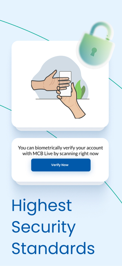 MCB Live - MCB Liveアプリのインターフェースに、高セキュリティバンキングのための生体認証が表示されている様子