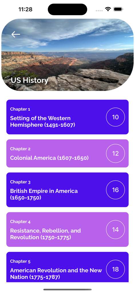ArchAngel Test Preparation - Pantalla de la aplicación ArchAngel Test Preparation que muestra una lista de capítulos de estudio de Historia de EE. UU. y recuentos de tarjetas de memoria