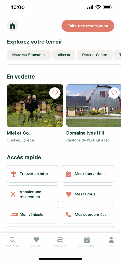 Terego - Home screen of the Terego mobile app showing featured local producers and quick access buttons for RV reservations.