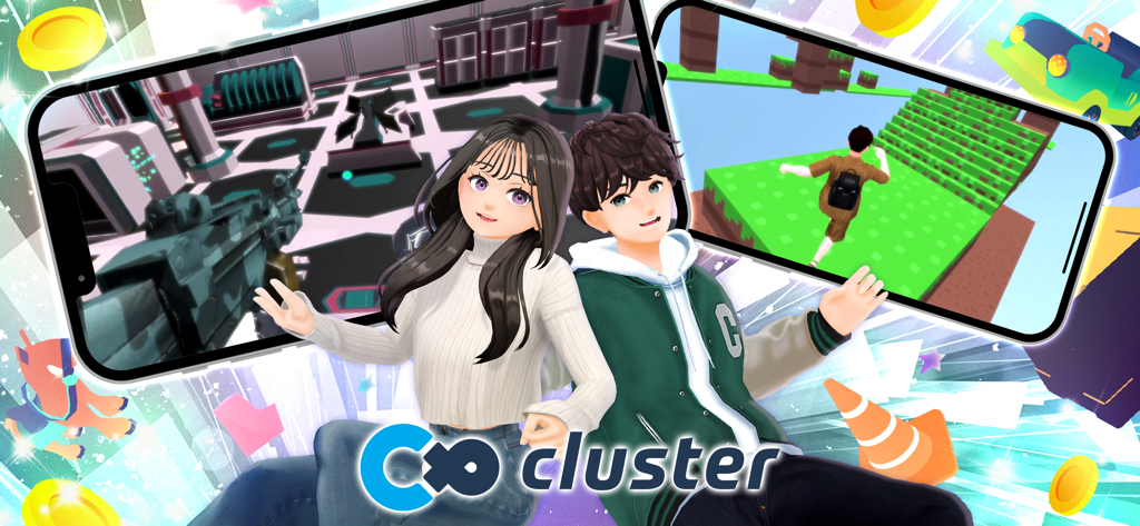 Cluster - Chat, Talk & Game - さまざまな3DバーチャルゲームやClusterアプリ内の世界を紹介するスマートフォンを持つ2体のアニメ風アバター