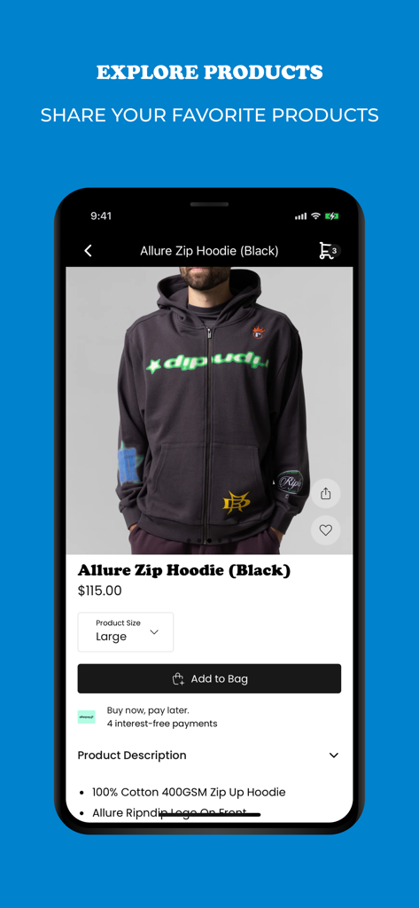 RIPNDIP - The RIPNDIP app interface showing a product detail page for a black zip hoodie with an add to bag button
