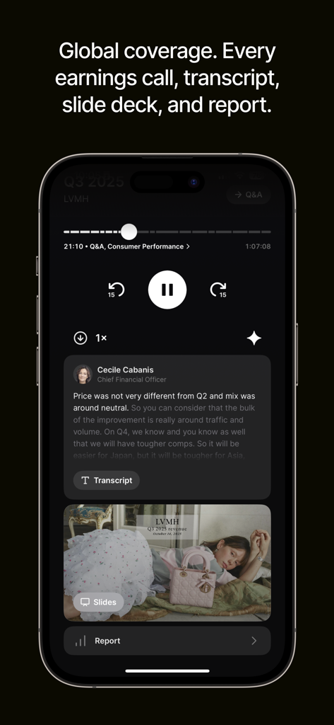 Quartr: Financial Research - Quartr app earnings call audio player featuring a live transcript snippet and financial reports