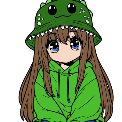 girl with anime shaped eyes with a dinosaur bucket hat oversized sweatshirt long straight hair