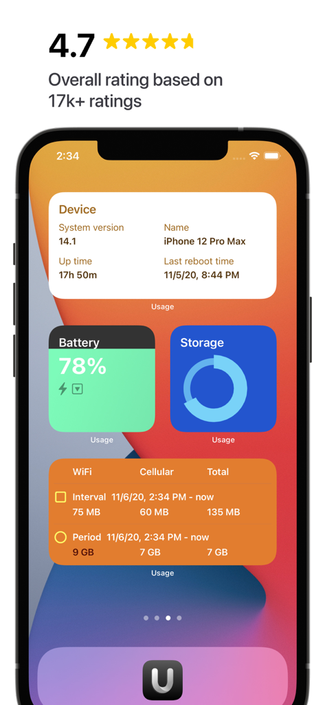 Usage app widgets displaying system info battery storage and data usage on an iPhone home screen