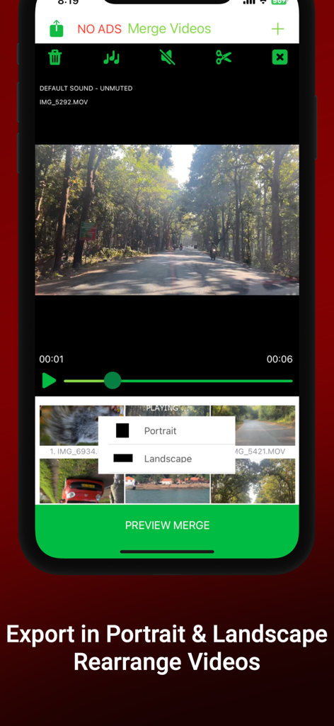 Cutter Merger, Cut, Crop Video - Cutter Mergerアプリのスクリーンショット。ポートレートまたはランドスケープ形式で結合された動画をエクスポートするオプションと、動画クリップのプレビューが表示されています。