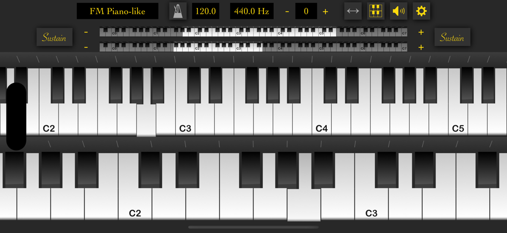 Piano Modoki app interface with a double row keyboard and FM synthesis settings