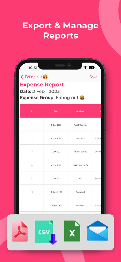 Receipt Scanner & Expense AI - Mobile app interface showing an expense report table with export options for PDF CSV and Excel