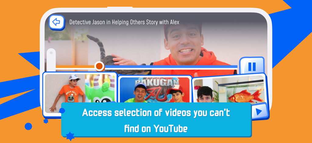 제이슨 브이로그 앱 인터페이스에 독점 영상 콘텐츠와 어린이 친화적인 동영상 플레이어가 표시된다