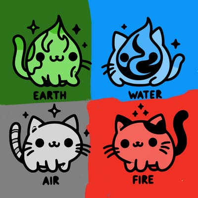 4 cats that represent the different elements, earth, water, air, and fire