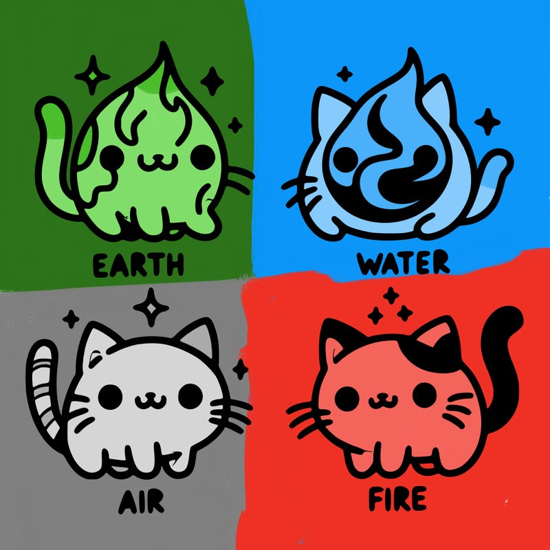 4 cats that represent the different elements, earth, water, air, and fire