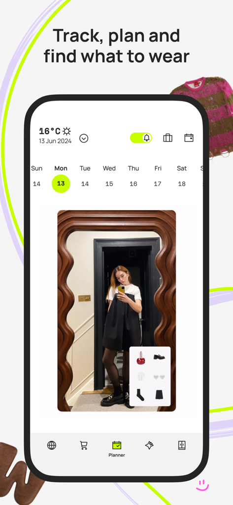 A smartphone interface showing the Whering app outfit planner with a calendar view, a mirror selfie of a daily look, and an itemized breakdown of the outfit.