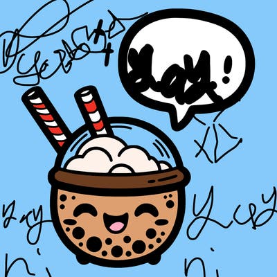 boba tea with a speech bubble and a happy face