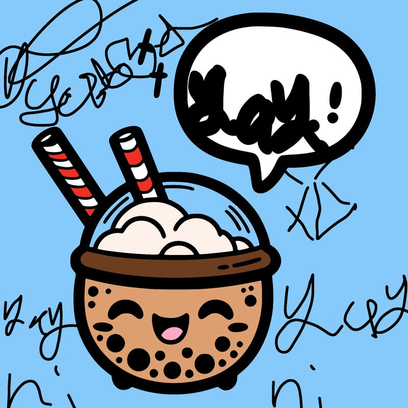 boba tea with a speech bubble and a happy face
