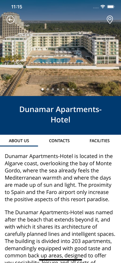 La sección "sobre nosotros" de la app Hotel Dunamar que muestra una foto del resort frente al mar y su descripción