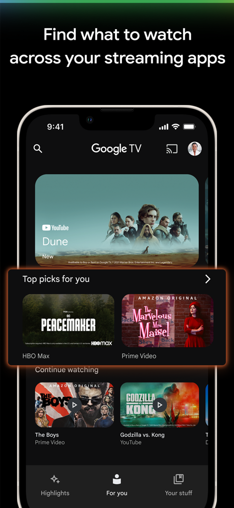 Interface do aplicativo Google TV mostrando recomendações personalizadas de filmes e séries de diferentes plataformas de streaming