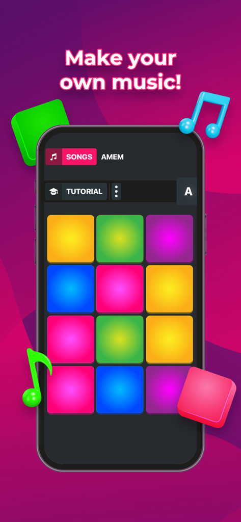 A smartphone screen showing the Super Pads app interface with colorful music pads and the text Make your own music.