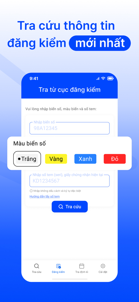 Interface de l'application mobile pour rechercher des informations d'immatriculation de véhicule au Vietnam, y compris le numéro de plaque et la sélection de la couleur.