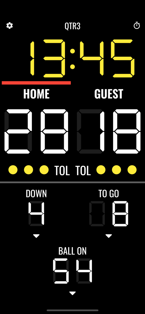 American Football Scoreboard - Oberfläche der American Football Anzeigetafel App mit Spielzeit, Spielständen und Feldposition