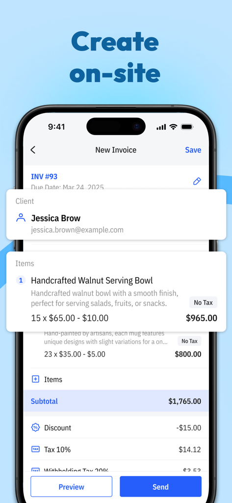 Tiny Invoice - Invoice Maker - Tiny Invoice app screen showing the creation of a professional mobile invoice with itemized costs and taxes.