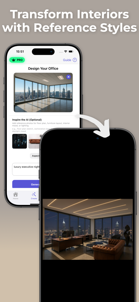 Office & Home Design Planner - Interface de aplicativo móvel mostrando a transformação com IA de um escritório vazio em uma suíte executiva de luxo usando fotos de referência