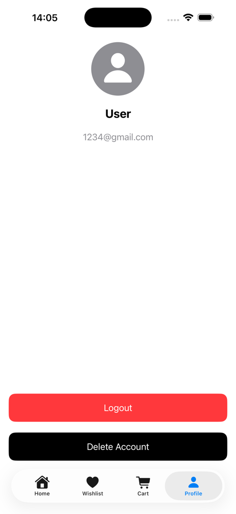 Deshi-Boutique - User profile screen of the Deshi Boutique app showing account details and logout options.
