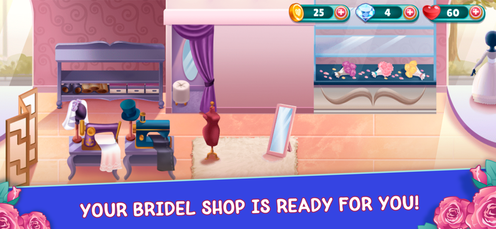 Wedding Dash: Dress-Up Games - Interior of a bridal salon with sewing machines and mannequins in Wedding Dash Dress-Up Games