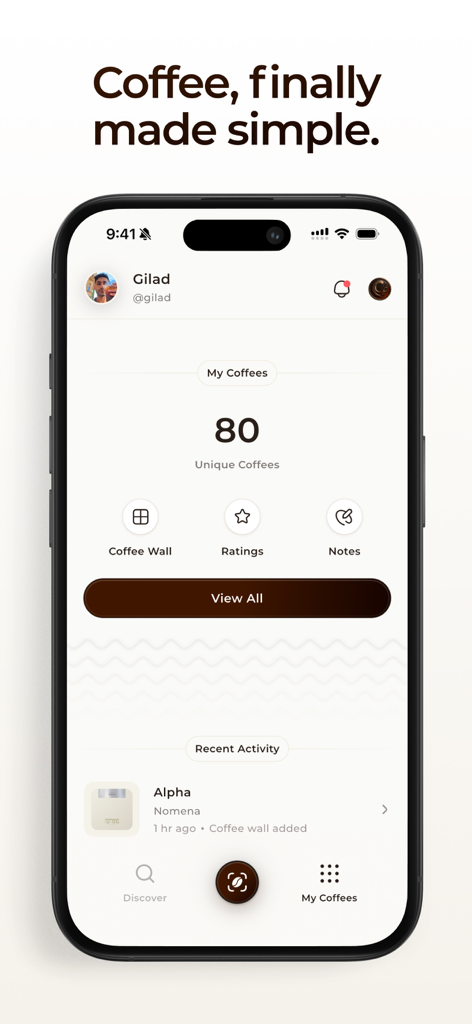 The My Coffees dashboard of the Coffi app displaying 80 unique coffees and recent activity.