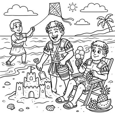 Imagine mighty Roman generals trading their armor for swimsuits and their battle plans for beach fun! This delightful coloring page captures a whimsical summer scene with historical figures enjoying sandy shores and sunny skies.