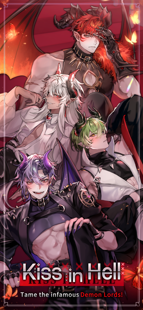 Promotional art for the Kiss in Hell Fantasy Otome game featuring four attractive male demon lord characters