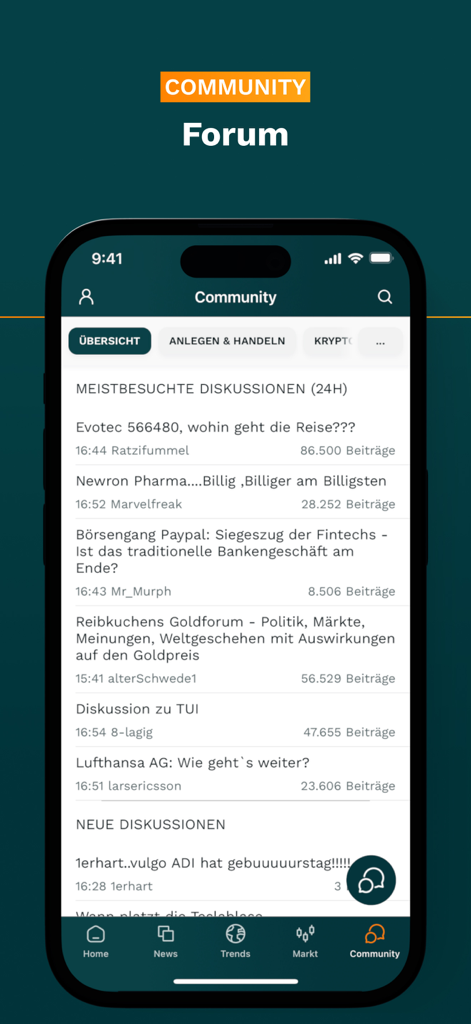 wallstreet online Stock Market - A smartphone screen displaying the wallstreetONLINE community forum with active stock market discussion threads and user contributions.