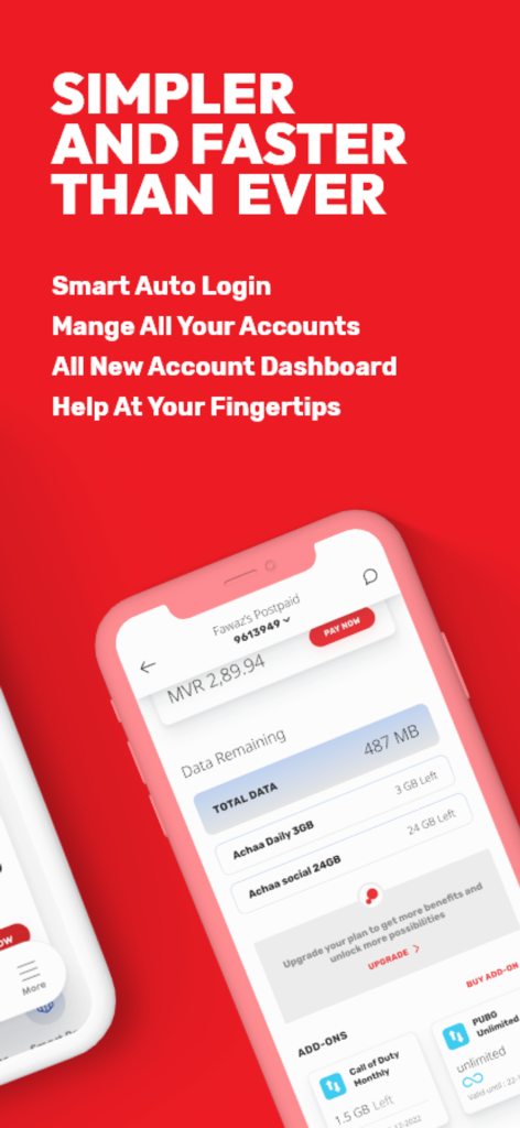 Ooredoo Maldives mobile app dashboard showing account balance and data usage