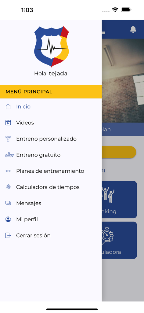The main navigation menu of the Movipol mobile app showing options for training plans videos and user profile